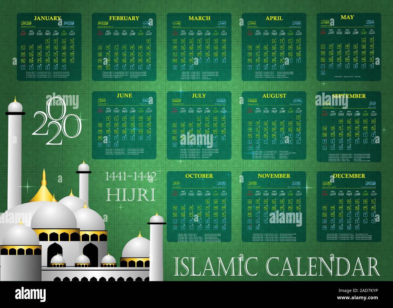 Calendrier islamique 2020, 14411442 calendrier hijri Image Vectorielle