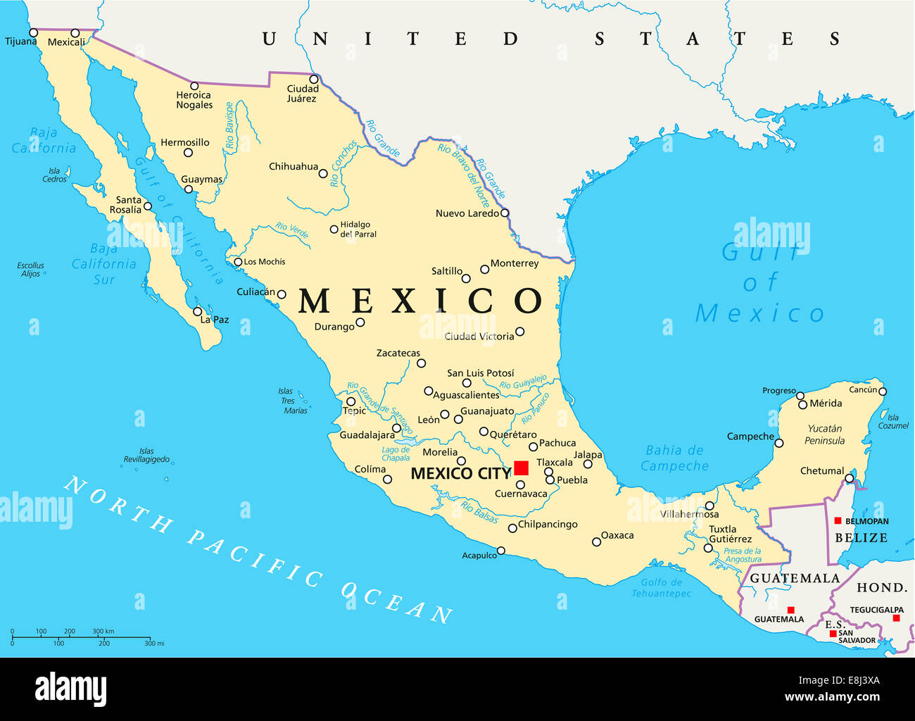 Carte politique du Mexique à Mexico City, capitale des frontières