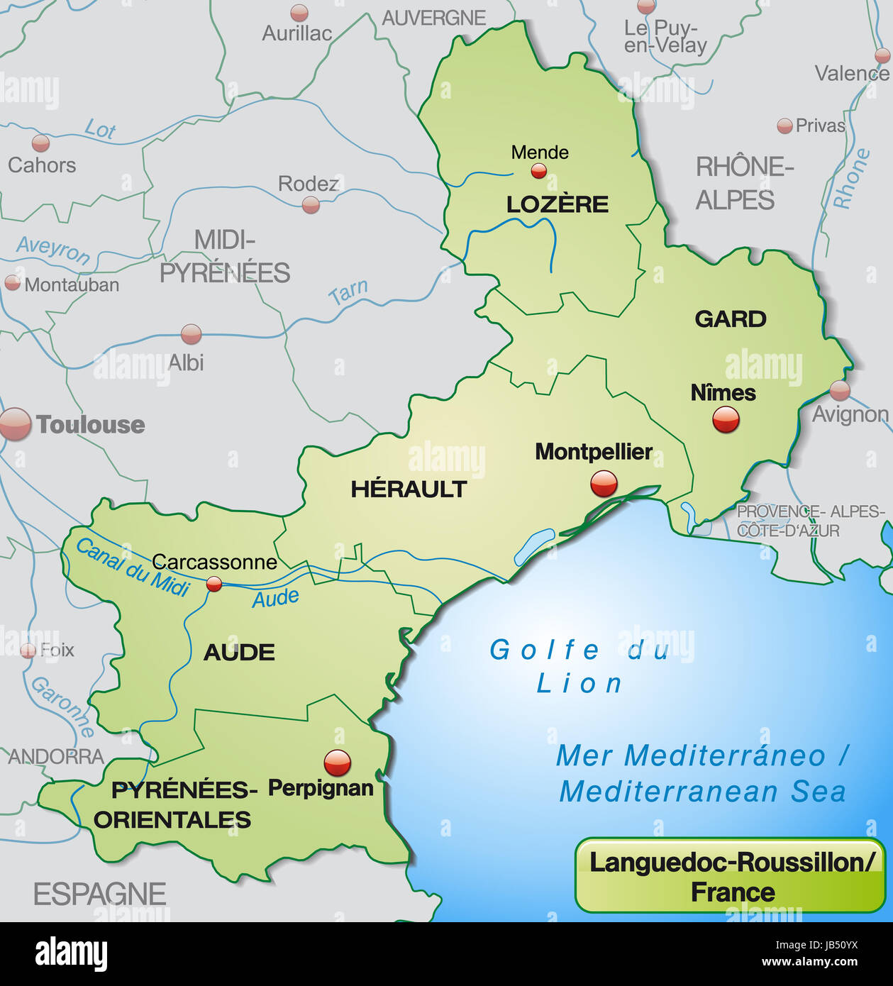 Le Languedoc-Roussillon en Frankreich als mit Umgebungskarte Grenzen