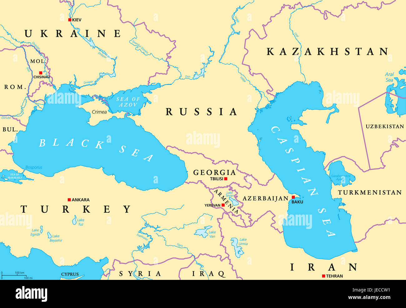 Entre L Europe Et L Asie La mer Noire et la mer Caspienne carte politique avec les capitales